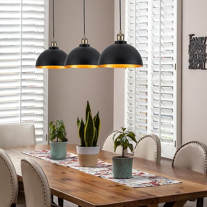 9.84" Modern Industrial Black Pendant Lights Farmhouse Dome Black Gold Pendant Lighting Fixture Vintage Golden Pendant Light for Kitchen, Dining Room, Bedroom, Hallway, Living Room, Set of 3