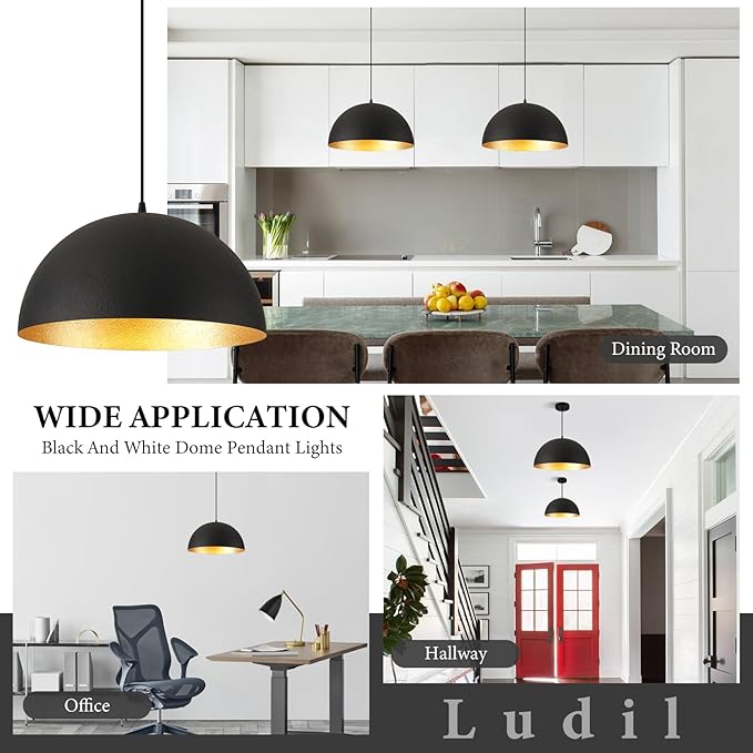Industrial Pendant Lighting for Kitchen Island, 20 Inch Black and Gold Metal Dome Pendant Light Fixtures, Hemispherical Hanging Ceiling Light E26 Base for Reading Dining Room Foyer Cafe