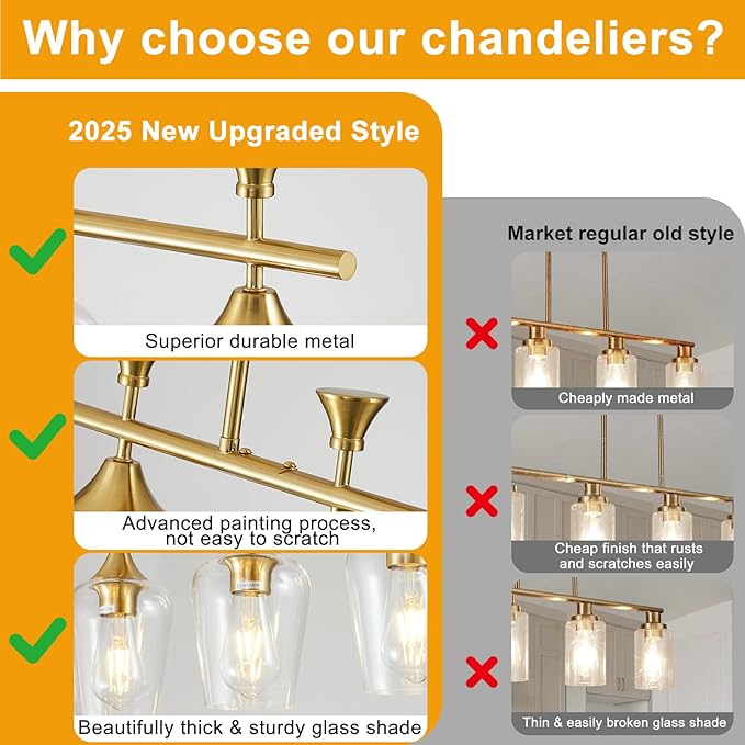 37" Dining Room Light Fixture/Chandelier Over Table, 5-Light Brushed Gold Kitchen Island Lighting with Clear Glass Shade, Modern Hanging Pendant Lights Fixture for Kitchen Island, Dining Room, Bar