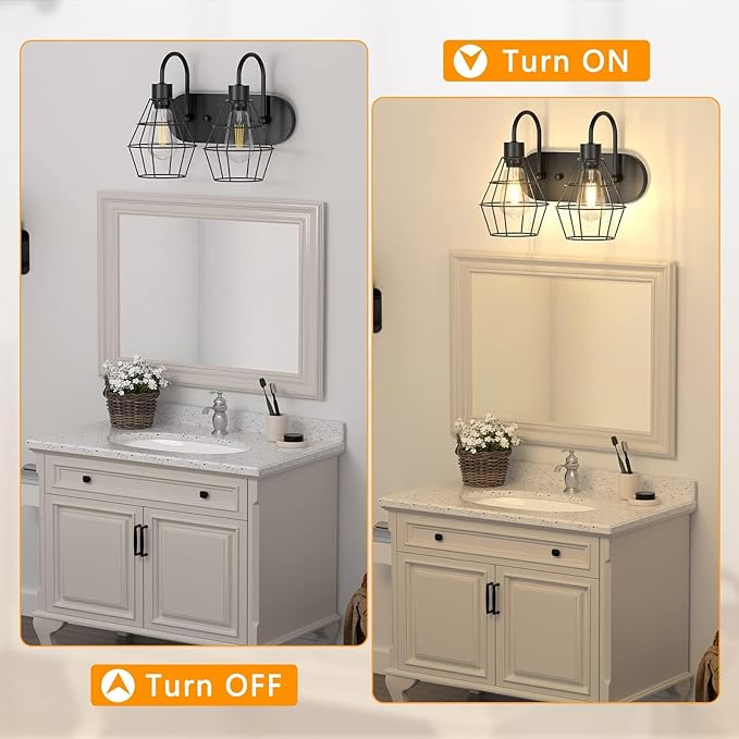 Bathroom Vanity Light Fixtures, 2-Light Bathroom Lighting Fixtures Over Mirror with Cage, E26 Base Black Farmhouse Wall Sconces for Bedroom Living Room, UL Listed