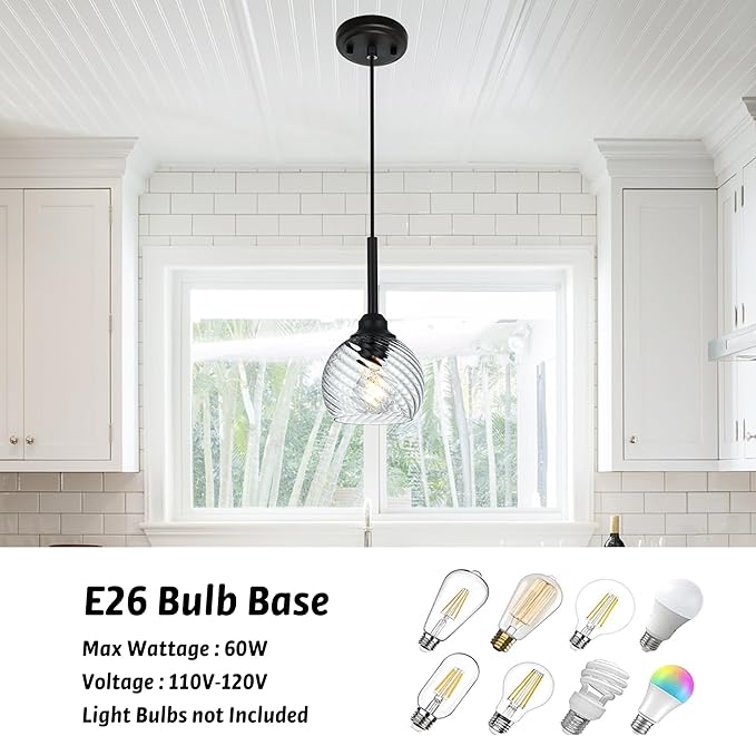 3 Pack Dining Room Light Fixtures Hanging with Clear Striped Swirl Globe Glass, Stylish Kitchen Island Hanging Pendant Light Black for Bar Hallway Bedroom, 1-Light
