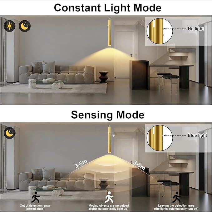 Lightess Battery Operated Pendant Light with Motion Sensor, 3 Color Dimmable Rechargeable Hanging Light with Remote, Modern Gold Pendant Light Fixtures for Dining Room Hallway Bedroom