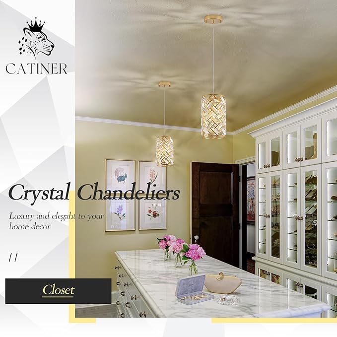 CATINER 1-Light Gold Crystal Pendant Light, Mini Ceiling Hanging Light Fixture with K9 Prisms for Kitchen Island, Bathroom, Bedroom, or Bar