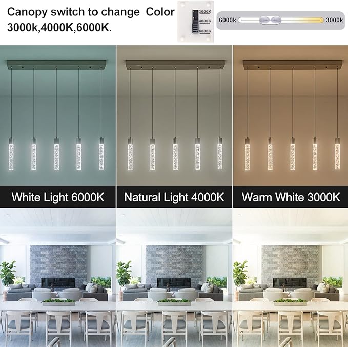 Modern Pendant Lights Kitchen Island,Brushed Nickel Crystal Chandelier Lights, Switch 3000-4000-6000K Dimmable Kitchen Pendant Lighting for Kitchen Island, Dining Room, Bar Counter