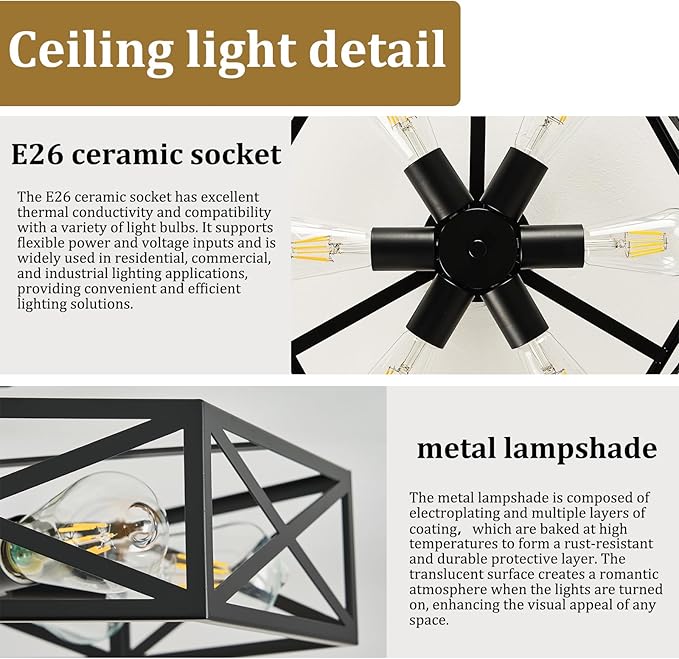 Modern Farmhouse Semi Flush Mount Ceiling Light,Industrial Black Ceiling Lighting Fixture,Hexagonal Close to Ceiling Lights for Kitchen,Living,Dining Room,Bedroom,Foyer,Laundry Room,19.7 Inch