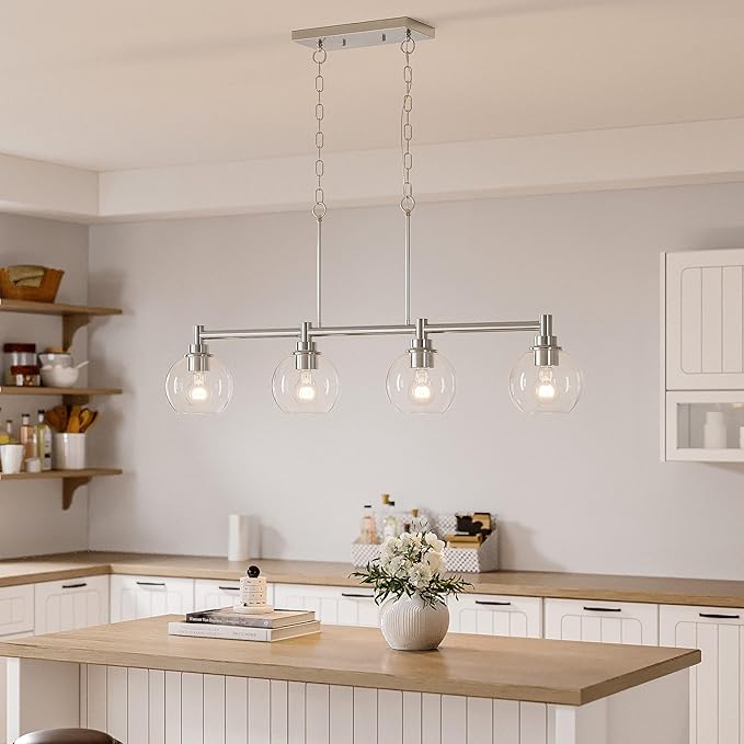 VONLUCE Dining Room Light Fixture Over Table, 4-Light Kitchen Island Lighting with Round Glass Shades & Adjustable Hanging Heights, Linear Chandlier for Dining Room Kitchen, Nickel, ETL Certificated