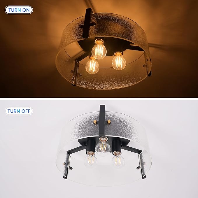 Modern Black Semi Flush Mount Ceiling Light Fixture, 3-Light Glass Ceiling Mount Light Fixtures, Kitchen Island Lighting Fixtures Ceiling Lights for Foyer Entryway Bedroom Laundry Room Hallway