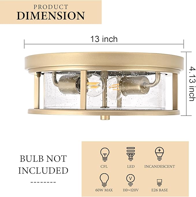 Gold Flush Mount Ceiling Light Fixture with Glass Brass Ceiling Light Fixture for Bedroom, Indoor Outdoor Ceiling Lights for Porch Hallway Kitchen