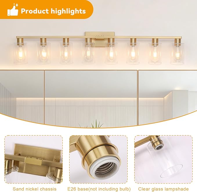 8 Light Bathroom Vanity Light Gold Bathroom Light Fixtures Brass Vanity Lights for Bathrrom 46 in Large Wall Sconce Brush Gold with Clear Glass Shade for Over Mirror