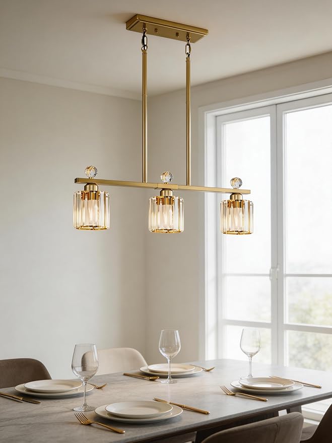 Crystal Island Light for Kitchen Over Table,Gold Linear Pendant Light for Dining Room Light Fixture,3-Lights Ceiling Hanging Chandeliers Dining Room Lighting Fixture with Luxury Crystal Shade