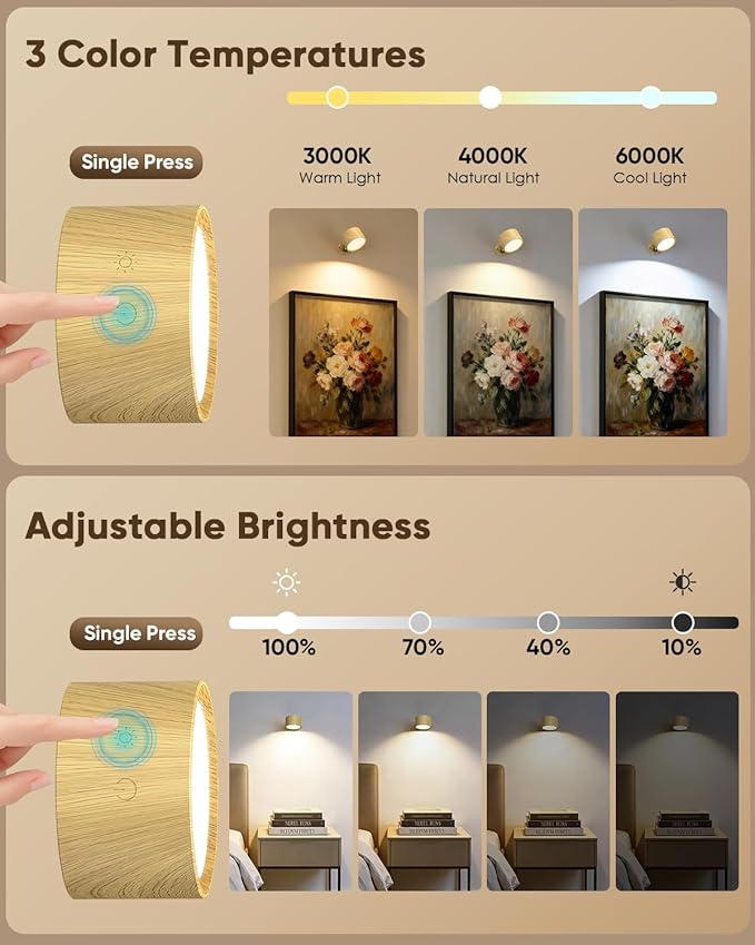 LED Wall Mounted Lights 2 Pcs with Remote, Rechargeable Wall Sconce with 3 Color Temps & Dimmable Magnetic 360° Rotation Cordless Light for Bedroom Reading Bedside (Wood, 1 Pack)