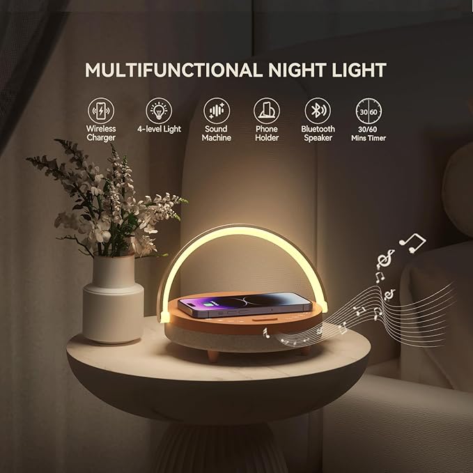 Vivilumens Gifts for Mom 6 in 1 Bedside Lamps with Wireless Charger Bluetooth Speaker White Noise Machine Music Table Lamp with Night Light Personalized Birthday Gift for Women Teens Girls(Rosy Beige
