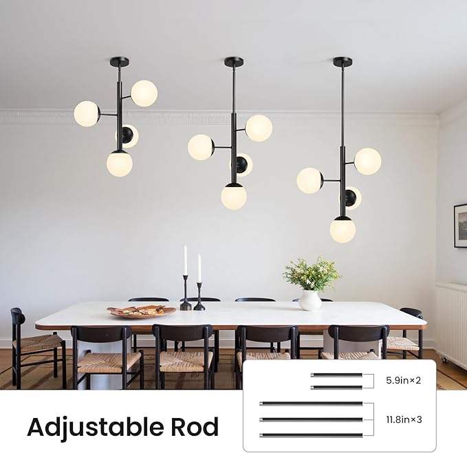 Modern Sputnik Chandelier Ceiling Light Fixture, 4-Light Semi Flush Mount Black Matte Chandelier with Globe Milky Frosted Glass Shade Adjustable Dining Room Sputnik Ceiling Light for Kitchen, Hallway