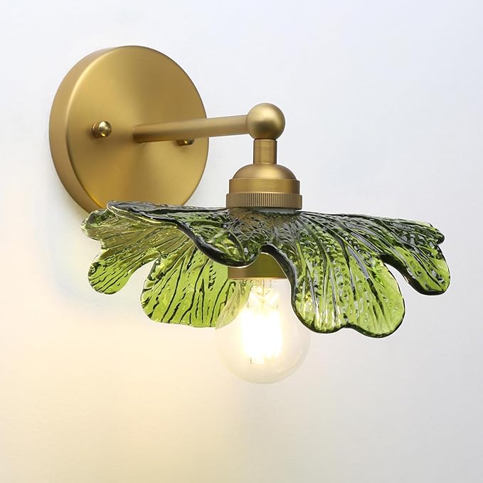 Pathson Vintage Wall Sconce Green Flower Glass, Hardwired Bathroom Sconce Boho Brass Wall Vanity Light for Living Room, Kitchen Sink, Bedroom, Farmhouse Lamp