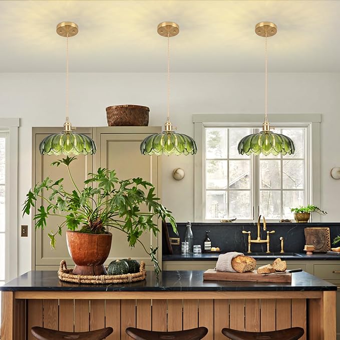 Pendant Lights Kitchen Island,Green Glass Vintage Light Fixtures,9.8inch E26 Adjustable Hanging Light Flower Finish Ceiling Hanging Lamp for Bedroom Living Room Hallway 1 Light