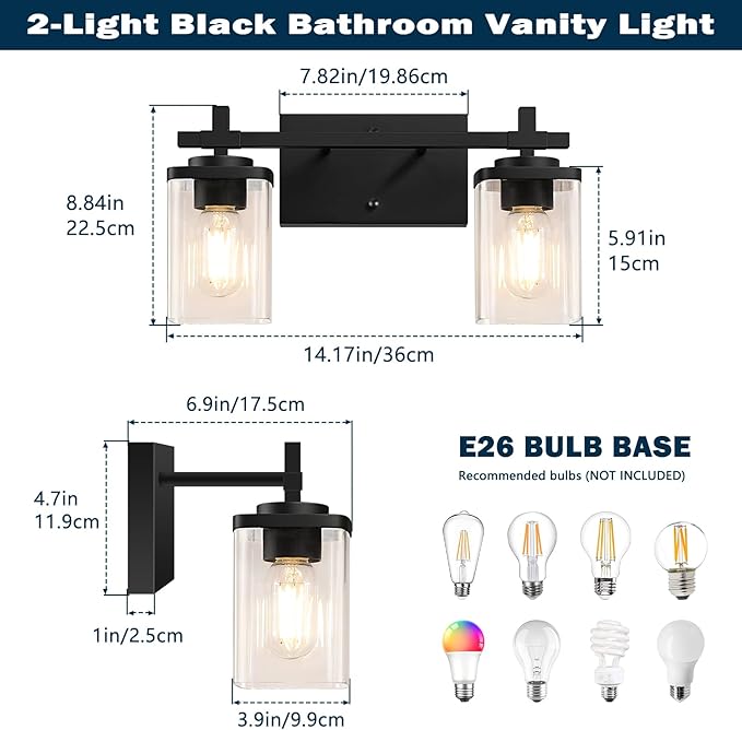2-Lights Bathroom Vanity Lights, Matte Black Vanity Light Fixtures Over Mirror, Modern Wall Sconces with Clear Glass Shade, Wall Light Fixture for Bedroom Hallway Living Room