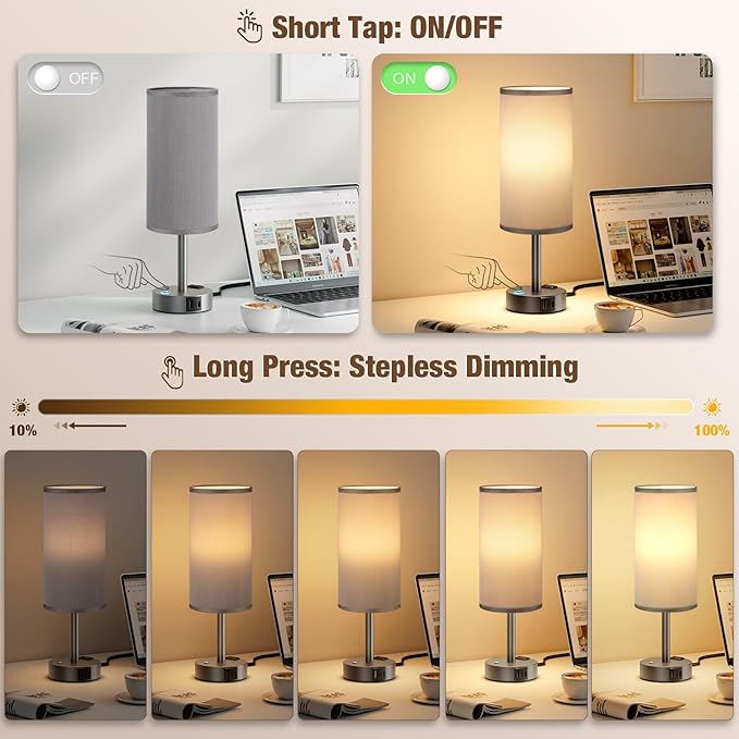 Touch Bedside Table Lamp with Memory - Stepless Dimmable Lamp for Bedroom, Small Nightstand Lamp with Dual USB Charging Ports and AC Outlet, Wood Night Light, Deak Lamp for Nursery (Grey & Grey)