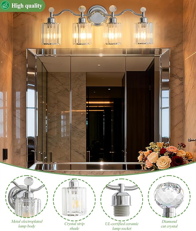 Chrome Bathroom Vanity Light, Modern Crystal Bathroom Ligth Fixture, 4 Light Vanity Lights, Light Fixtures Above Mirror, Wall Lamp for Mirror Living Room Cabinet Bedroom Porch