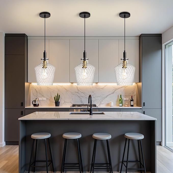 Modern Stripes Clear Glass Pendant Lighting for Kitchen Island 1 Pack, Farmhouse Black and Gold Pendant Light Fixtures, Height Adjustable Ceiling Pendant Light, 8 Inch