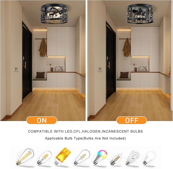 Farmhouse Rustic Ceiling Light Fixtures -Horse & Deer Design, 2-Light E26 Round Metal Fixture for Kitchen, Bedroom, Foyer, Entryway, Lodge (Bulbs Not Included)