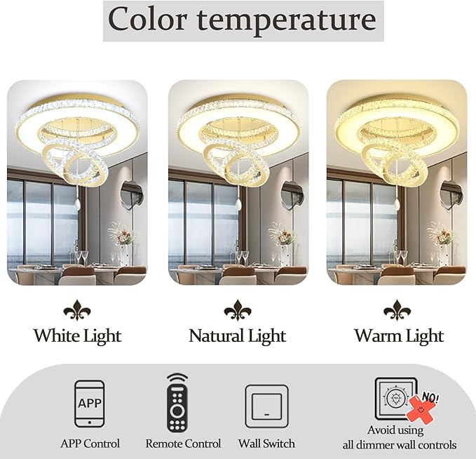 Flashing God Dia 32'' Modern Crystal Chandeliers for Living Room Crystal Flush Mount Ceiling Chandelier Large Chandeliers for Dining Room Bedroom Gold LED Dimmable 3000-6000K