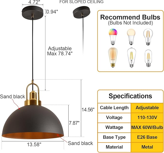 Modern Industrial Black Pendant Light - 13.58 Inch Diameter Pendant Light- 78.74 Inch Wire Length Perfect for Kitchen Island, Dining Room, Hallway