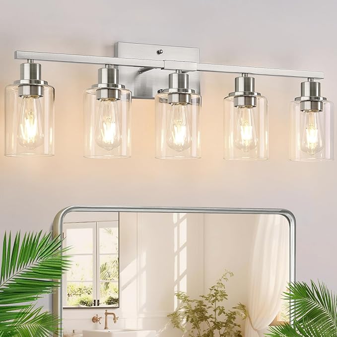 Indoi 5-Light Bathroom Light Fixtures, Brushed Nickel Bathroom Vanity Light with Clear Glass Shades, Modern Bathroom Wall Lamp for Mirror Living Room Cabinet Bedroom Porch