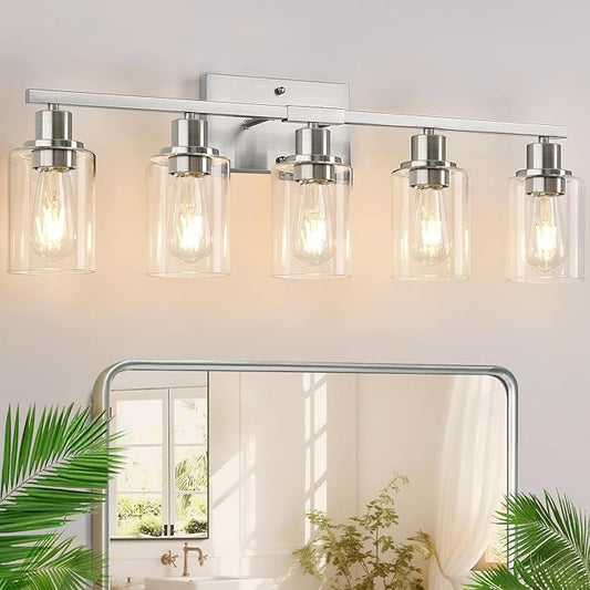 Indoi 5-Light Bathroom Light Fixtures, Brushed Nickel Bathroom Vanity Light with Clear Glass Shades, Modern Bathroom Wall Lamp for Mirror Living Room Cabinet Bedroom Porch