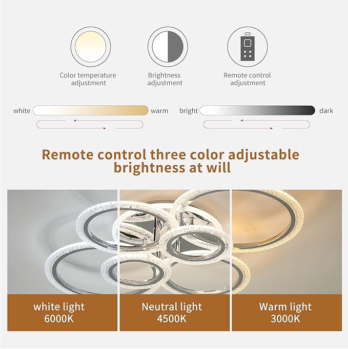 Garwarm Modern LED Ceiling Light Fixture,76W Dimmable LED Chandelier Flush Mount Ceiling Lights Remote Control,6 Ring Ceiling Lamp Fixture for Living Room Dining Room Bedroom(Chrome)