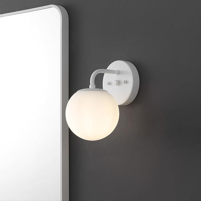 JONATHAN Y 5.75" White 1-Light Modern Globe Wall Sconce Vanity Light for Bathroom, White Frosted Glass Shade, Midcentury Parisian Bistro Wall Lamp, LED Bulb Included (JYL3534D)