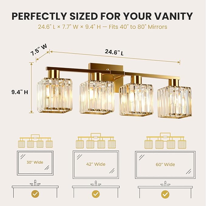 Crystal Bathroom Light Fixtures, 4-Light Brushed Gold, Vanity Lights for Bathroom Over Mirror, Modern Bath Wall Sconce for Mirror Bedroom Living Room