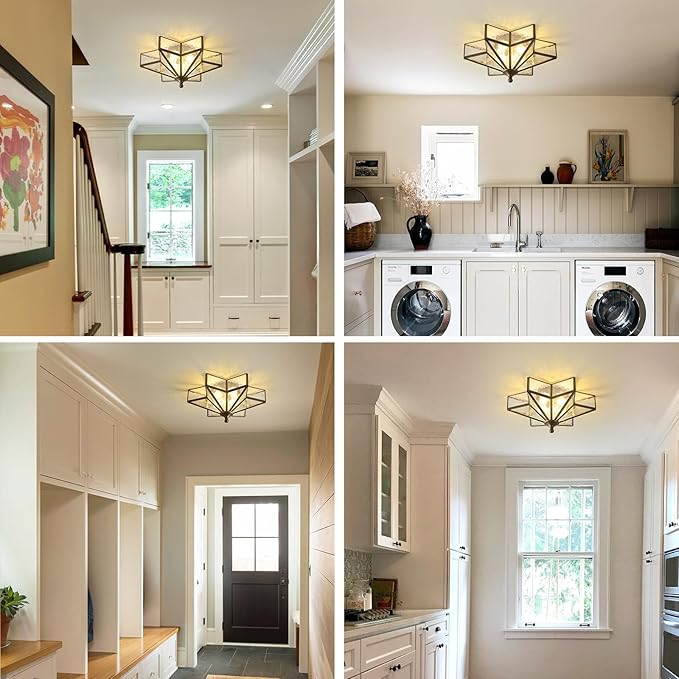 Star Brass Glass Ceiling Light - Small 12 Inch Black Bronze Hammered Flush Mount Fixture - Unique Art Deco Vintage Modern Lighting Lights for Bedroom Dining Entry Hall Hallway Outdoor Porch