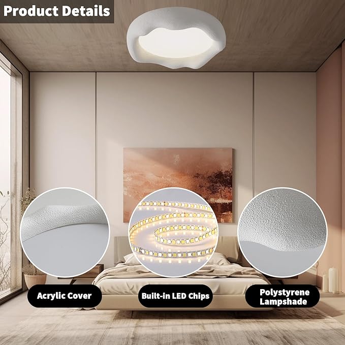 JAYMP Modern Ceiling Light, LED Dimmable Remote Control Ceiling Lamp for Dining Room Living Room Japanese Wabi-Sabi Style Lighting Fixture (Matte White, 49cm/19.3inch)
