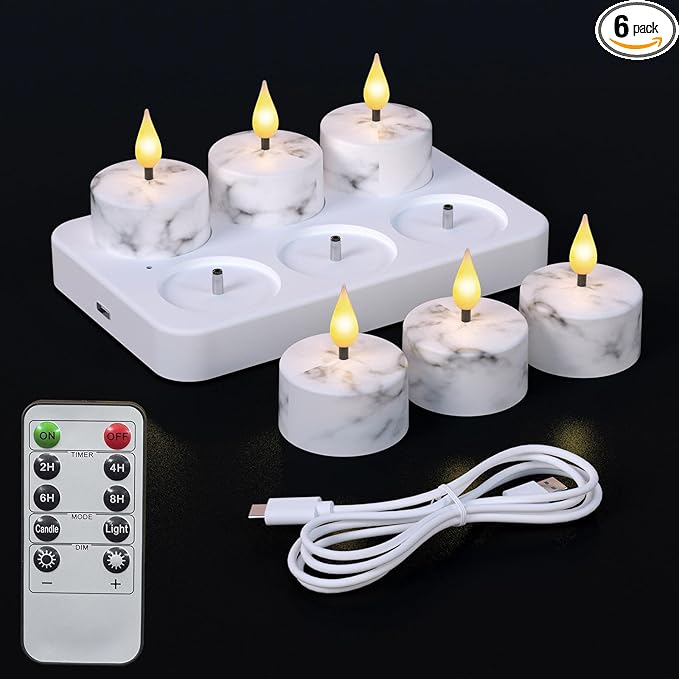 Flameless Tea Lights Candles with Charging Station,White Marble Pattern,LED Tea Lights Candles with Remote Control Timer for Valentine's Day,Centerpiece Table Decorations,Anniversary,Home Decor,6-Pack