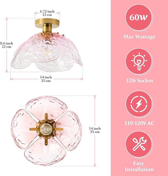 Vintage Semi Flush Mount Ceiling Light,Bronze Ceiling Light Fixtures with Gradient Pink Handmade Leaf Glass for Bedroom,Kitchen,Hallway,Entryway