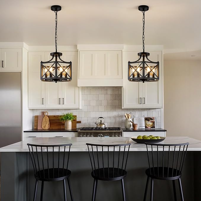 6-Light Pendant Lights Kitchen Island, Modern Black Pendant Light Fixture with Hexagonal Metal Cage, Adjustable Geometric Hanging Light for Entryway Foyer Dining Room, 1 Pack