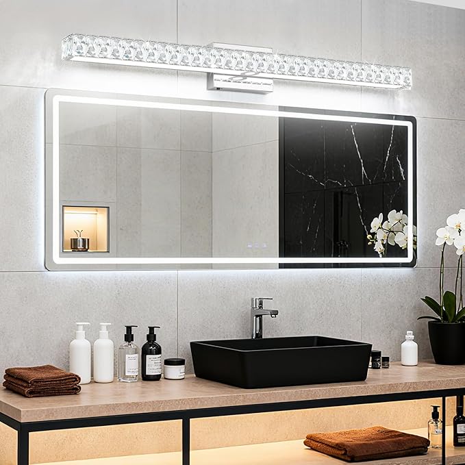 SOLFART LED Modern Bathroom Vanity Lights Over Mirror, Crystal Bathroom Light Fixtures, 40 Inch LED Chrome Vanity Light Wall Light