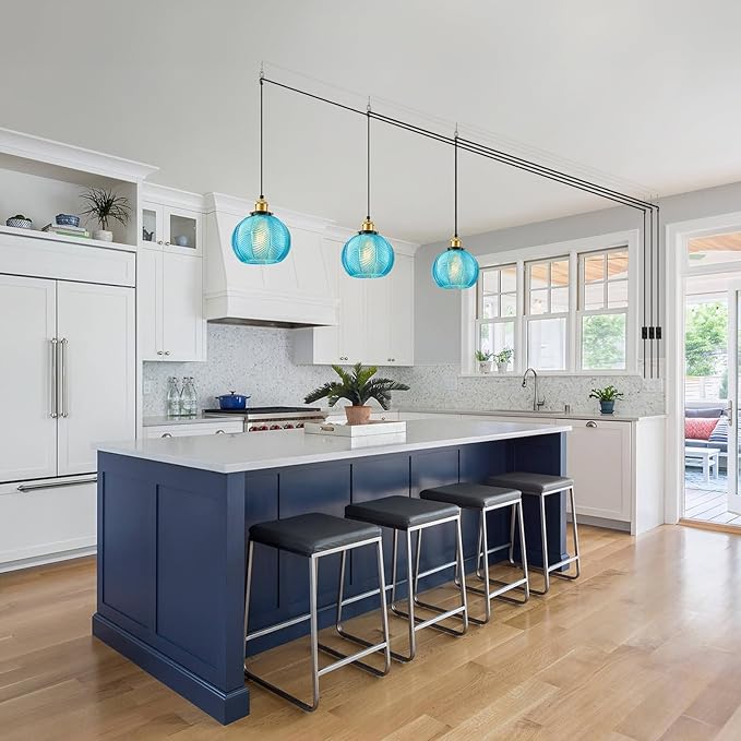 Modern Plug in Hanging Light, 7.8 Inch Glass Pendant Light with 14.76 FT Adjustable Plug in Cord, Vintage Blue Hanging Lamp for Dining Room Bedroom Kitchen Island Bathroom E26