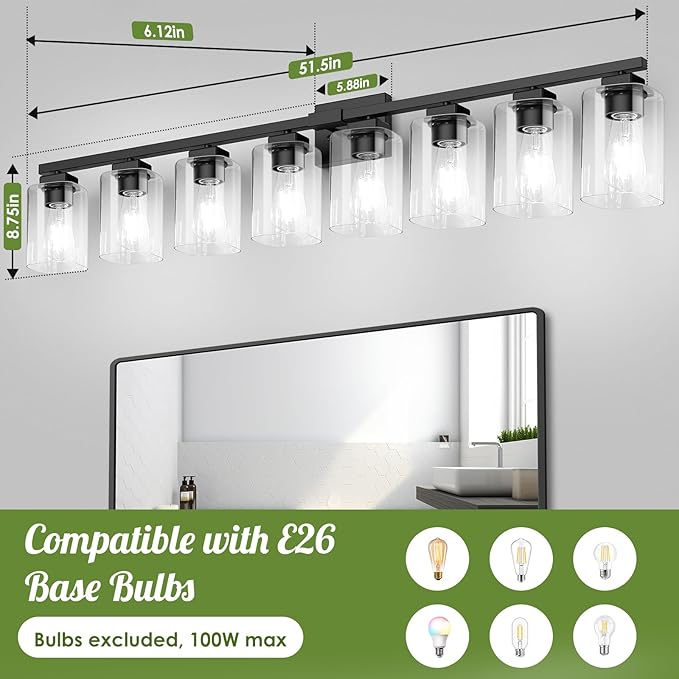 BesLowe 51" 8-Light Bathroom Light Fixture, Modern Black Vanity Light, Bathroom Lighting Fixtures Over Mirror, Matte Black Bathroom Wall Lamp, Wall Lights for Living Room Bedroom Hallway