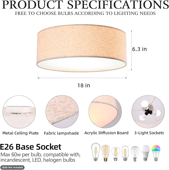 18-inch recessed Ceiling Light Fixture with Linen Shade, Modern Drum-Style Ceiling Light, UL-Certified, Suitable for Living Rooms, bedrooms, Kitchens, entryways, and Rustic Decor