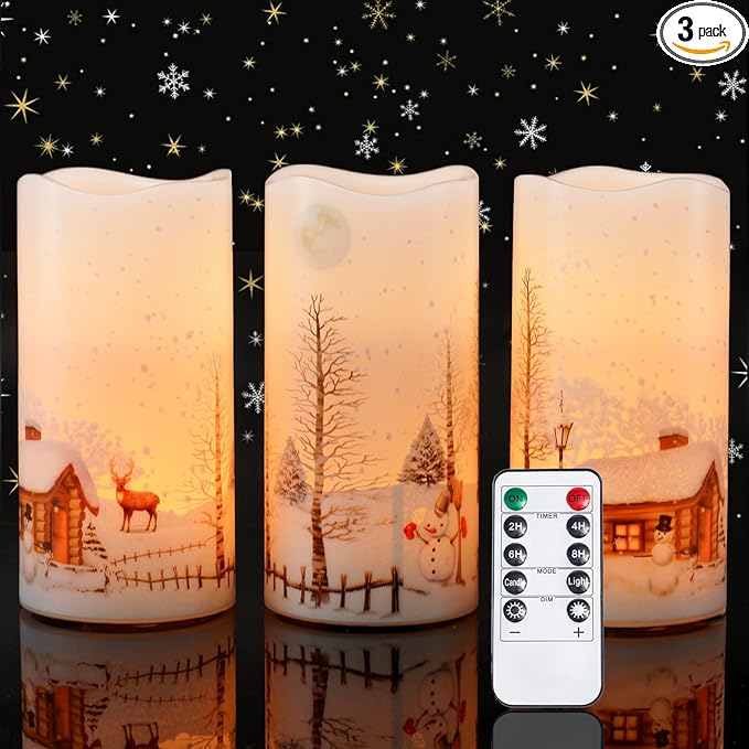 Homemory Christmas Flameless Candles Battery Operated with Snowman, Remote Control and Timers, Real Wax LED Pillar Candles for Rustic Country Home Farmhouse Cabin Decor, Set of 3, 3”x 6”