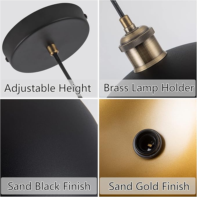 13.78" Modern Industrial Black Pendant Lights Vintage Farmhouse Black Gold Pendant Lighting Dome Golden Pendant Light for Kitchen Island, Dining Room, Bedroom, Hallway, Living Room, Bars