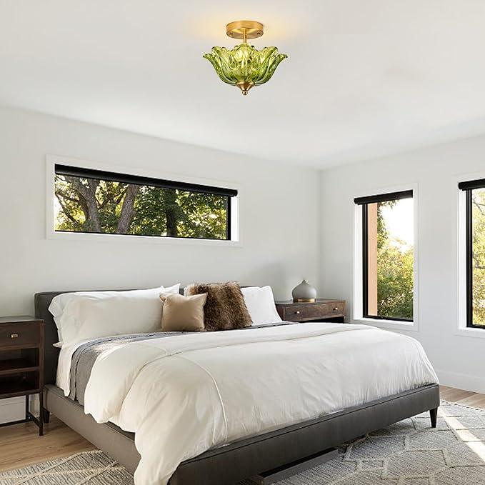 Semi Flush Mount Ceiling Light, Gold Vintage Light fixtures with Floral Green Glass Shade, Modern Close-to-Ceiling Lighting for Bedroom Kitchen Living Room Hallway