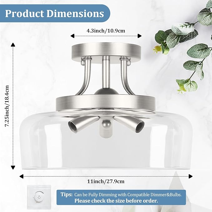 TOBUSA 3-Light Semi Flush Mount Light Fixture, Modern Industrial Glass Ceiling Light with E12 Base, Metal Semi Flush Ceiling Light for Living Room Kitchen Bedroom Hallway Balcony, No Bulbs, Nickle