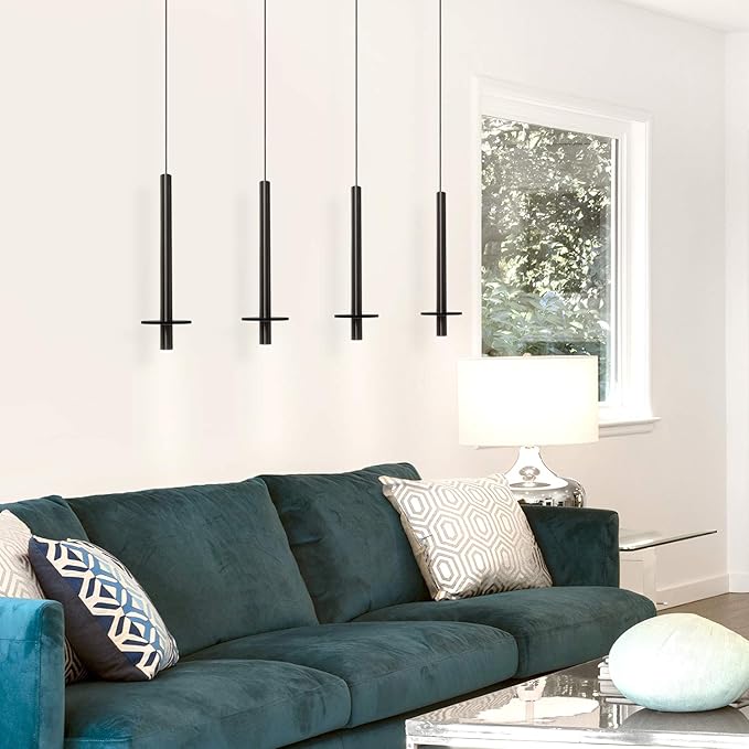 Draco 4 Pendant Lighting Black – LED Hanging Light Fixture for Kitchen Island, Bar, Foyer – Equilateral Cluster of Mini Metal Rod Pipe Tube Cylinders – Dimmable, Adjustable Wire, Lamp Bulb Included