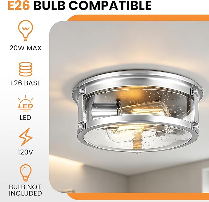 Flush Mount Ceiling Light, 2-Light Metal Cage Ceiling Light Fixture, Brushed Nickel Flush Mount Light with Seeded Glass Shade for Kitchen, Hallway, Bedroom (12 Inch)