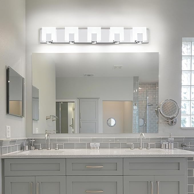 SOLFART Vanity Lights for Mirror LED Modern Gloss Chrome Bathroom Lighting Fixtures Over Mirror Dimmable 5 Lights