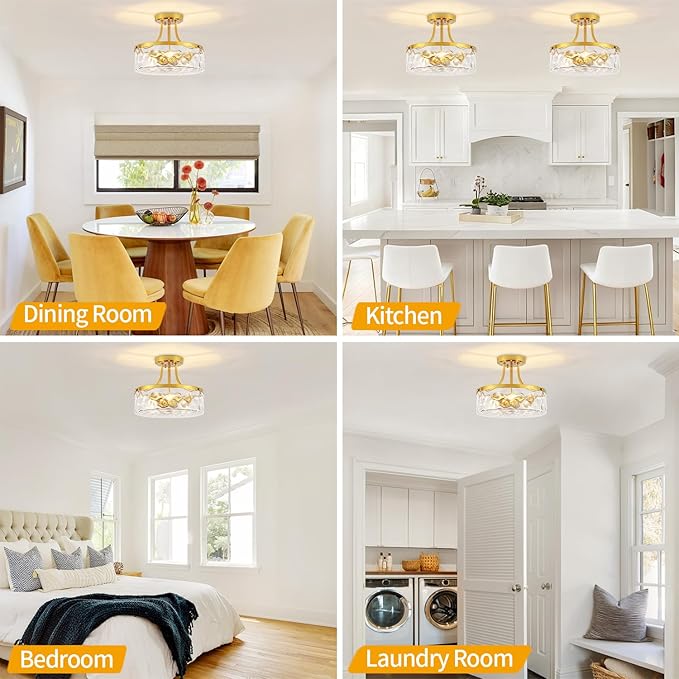 11.81" Modern Gold Semi Flush Mount Ceiling Light Hammered Glass Hallway Light Fixtures Entryway Light Fixture 3-Light Lighting Fixtures for Kitchen Island Dining Room Bedroom Laundry Room Lighting