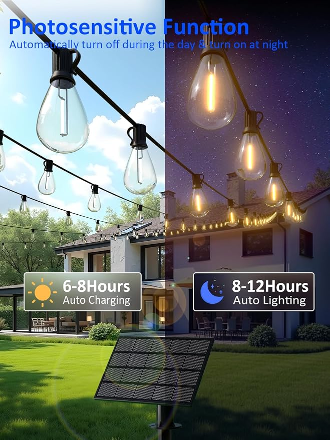 50FT Solar String Lights Outdoor Waterproof with 18+1 LED Bulbs Long Last for 20+Hrs, Commercial Grade Shatterproof USB Patio Solar Powered Lights for Camping，Backyard, Garden, Porch Decor