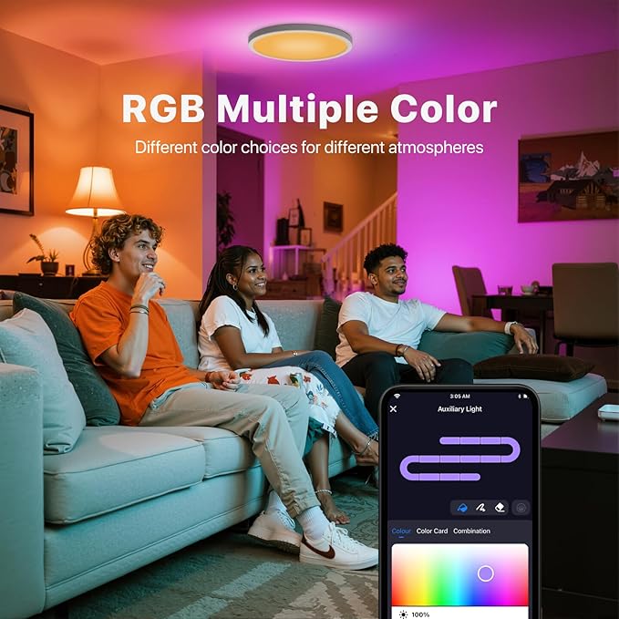 Smart LED Ceiling Light Flush Mount, 16 Inch RGB, White, 3200 Lumen, 30W, 2 Count, Bedroom, Modern Style